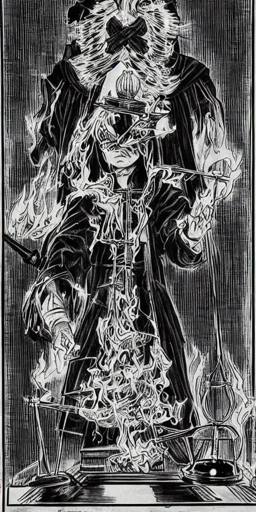 Image similar to powerful anime judge with a magic gavel on fire, in a court room with a justice scale on his desk, drawn by a famous anime artist, high quality, fine lines, amazing detail. colored, intricate ink painting detail the justice tarot card