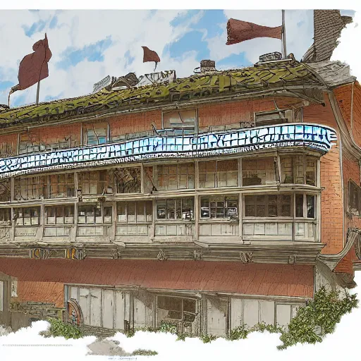 Prompt: cutaway drawing of an inn by Makoto shinkai, Geoff darrow