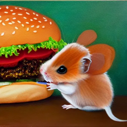 Image similar to a detailed oil painting of a hamster chewing on a giant hamburger