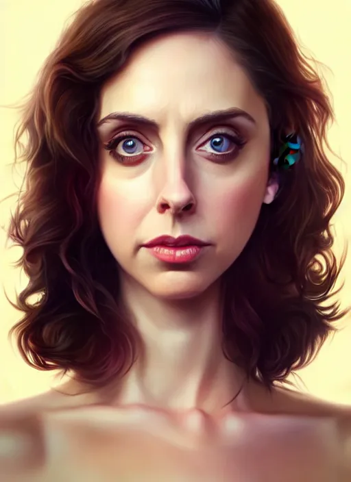 Image similar to full body gorgeous young Alison Brie, realistic character concept, full body pose, autumn, shorter neck, illustration, symmetrical eyes and body, cinematic lighting, detailed realistic symmetrical eyes, artgerm, Joshua Middleton, single face, insanely detailed and intricate, beautiful