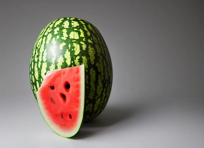 Image similar to photo still of a watermelon with human eyes and mouth, 8 k, studio lighting bright ambient lighting key light, 8 5 mm f 1. 8