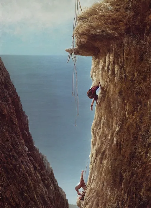 Image similar to action shot of Nicole Kidman hanging from a cliff face, Les Edwards, Zdzislaw Beksinski, Carl Gustav Carus, John Harris, Michal Karcz, Zhang Kechun, Mikko Lagerstedt, Scott Listfield, Steven Outram, Jessica Rossier