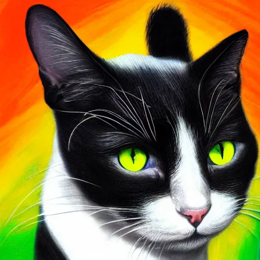 Prompt: a portrait of a beautiful black and white cat in space wearing a tuxedo with colorful bright green eyes, medium shot, hd, 8k, hyper-realism, detailed,