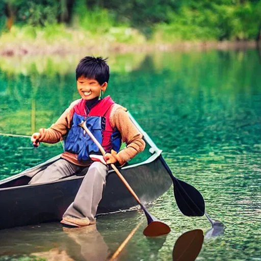 Image similar to Asian boy fishing with his father in canoe