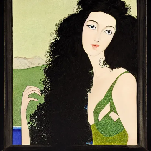 Image similar to oil painting of a portrait of a Queen dark curly hair, fair skin, by Patrick Nagel, by Georgia O Keeffe, by Yoshitaka Amano, by Gustave Moreau, art deco, matte drawing, storybook illustration, tonalism, realism