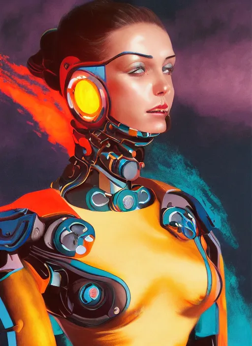 Prompt: symmetry!! dynamic pose! closeup portrait of a cyborg pirate girl, fashion cyber jumpsuit with big shoulder pads, cinematic light, backlight, windy, teal orange, smoke trails, dust particles, by gerald brom, by mikhail vrubel, by peter elson, muted colors, extreme detail, trending on artstation, 8 k