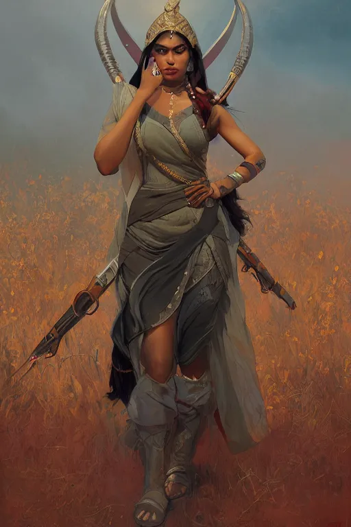 Prompt: character concept portrait of a bengali girl, tall, voluptuous, on a battlefield, highly detailed, digital painting, artstation, concept art, symmetry, smooth, sharp focus, illustration, art by artgerm and greg rutkowski and alphonse mucha