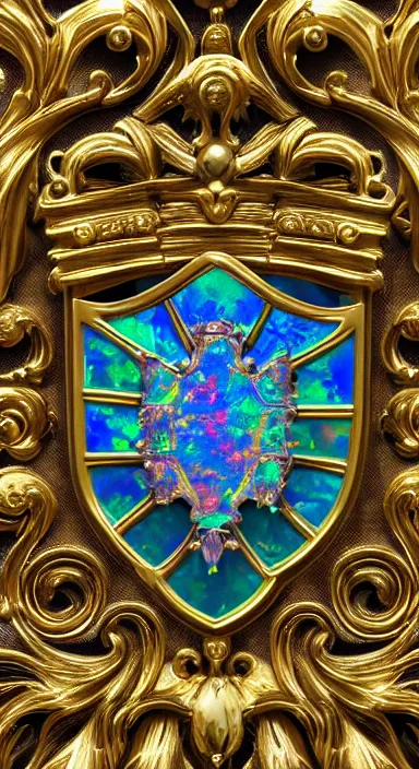 Prompt: beautiful heraldic crest depicting iridescent opal crystals and intricate filigree forms, gilded, Highly detailed, hyperreal, high definition, 8k, 8k render, realistic lighting, cinematic, product shot, dramatic