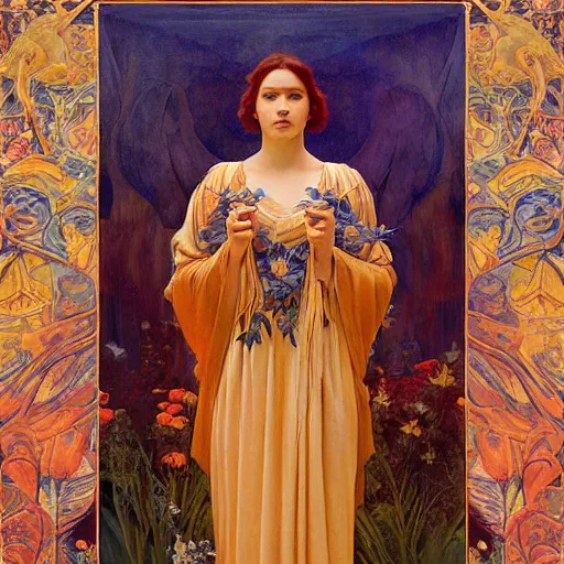 Image similar to princess of the dawn, by annie swynnerton and charlie bowater and diego rivera and nicholas roerich and jean delville and evelyn de morgan, dramatic lighting, brocade robes, elaborate floral ornament, rich colors, smooth sharp focus, extremely detailed, donato giancola, adolf wolfli