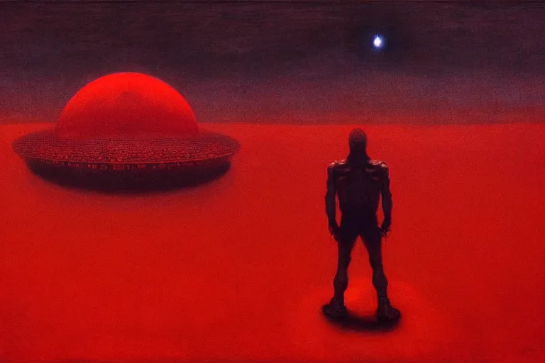 Image similar to only with red, red god of death eat apple, a futuristic city on mars in the background, red worms on the floor, in the style of beksinski, part by hopper, part by rodcenko, part by hofbauer, intricate composition, red by caravaggio, insanely quality, highly detailed, masterpiece, red light, artstation, 8 k