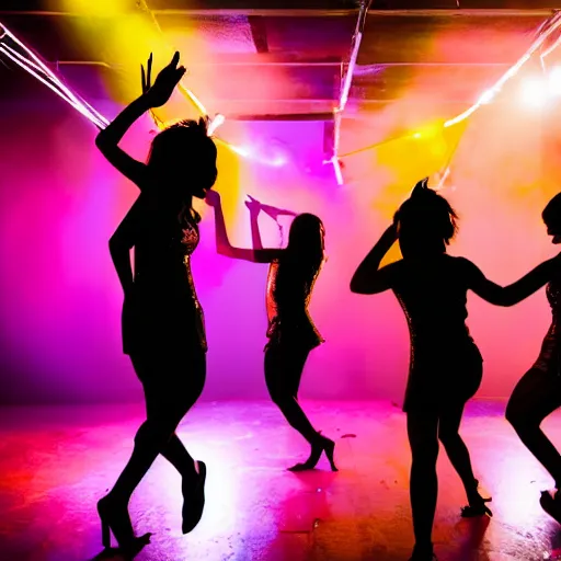 Image similar to dark dancing silhuettes in a dance club, colorful lights, dramatic lighting, a lot of energy, photograph 8 5 mm f 1. 4