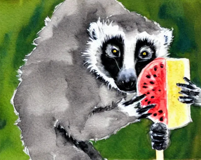 Image similar to a bright happy bill waterson watercolour of a lemur eating a watermellon popsicle