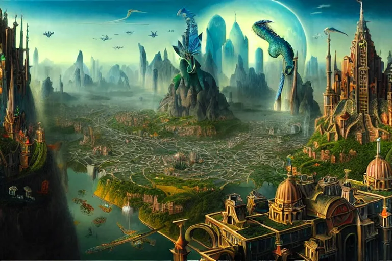 Prompt: a beautiful stunning insanely detailed matte painting of a magical mythical city at the edge of world buzzing with activity by Heironymous Bosch and Jim Burns