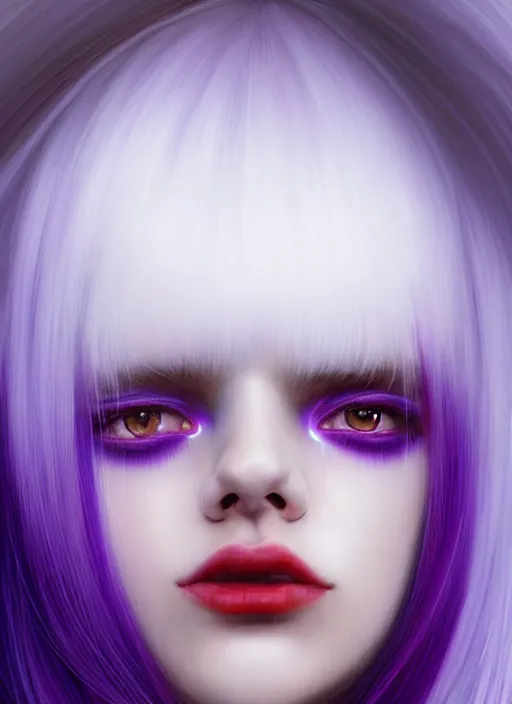 Image similar to hair whitebangs hair, black hair, whitebangs, portrait of teenage girl with white bangs, red irises, purple clothes, white bangs, bangs are different color from hair, intricate, elegant, glowing lights, highly detailed, digital painting, artstation, concept art, smooth, sharp focus, illustration, art by wlop, mars ravelo and greg rutkowski