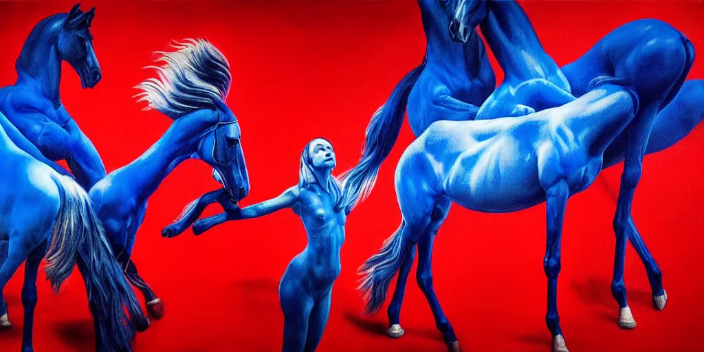 Image similar to only with blue, ney motogrosso in love with a red stallion, too many hands in all directions, in hoc signo vinces, waterfall, in the style of leonora carrington, gottfried helnwein, intricate composition, blue light by caravaggio, insanely quality, highly detailed, masterpiece, red light, artstation