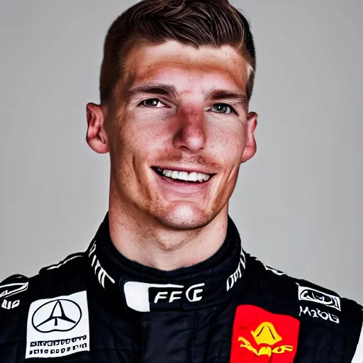 Image similar to a portrait of a mercedes f 1 driver in a white overall with the face of max verstappen, peofessional portrait photography, ambient light