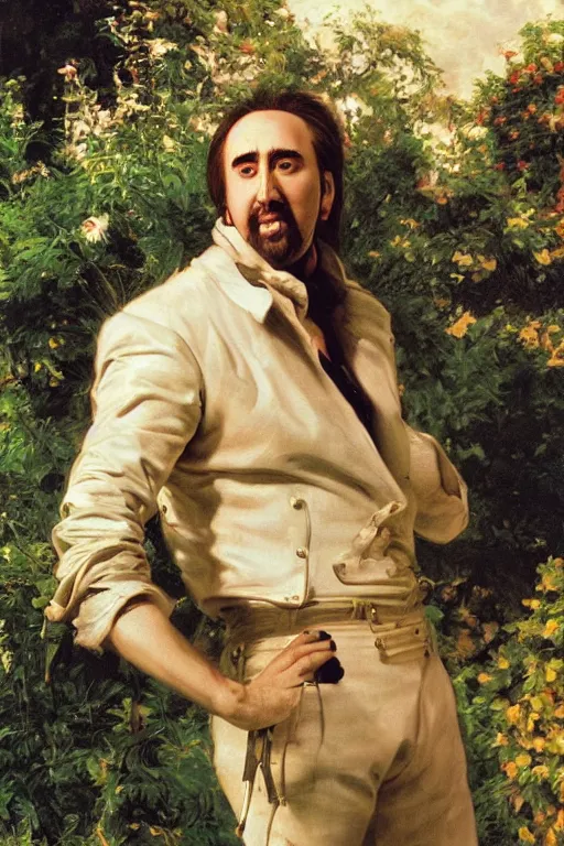 Prompt: Nicolas Cage, golden hour, in a garden, artstation, by J. C. Leyendecker and Peter Paul Rubens,