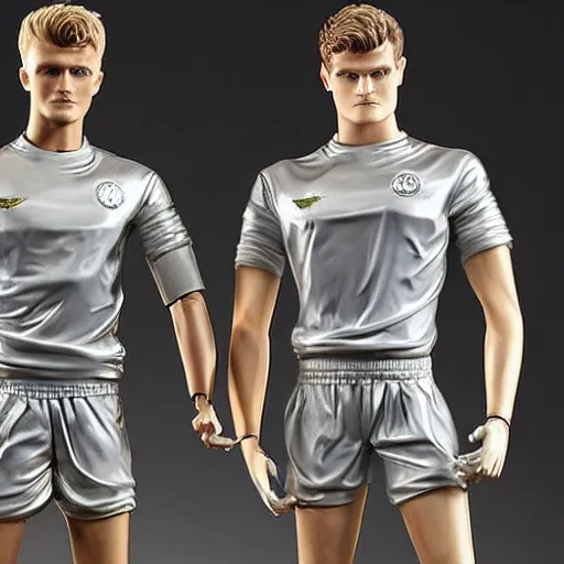 Prompt: a realistic detailed photo of a guy who is an attractive humanoid who is half robot and half humanoid, who is a male android, soccer players martin ødegaard & timo werner, shiny skin, posing like a statue, blank stare, in a living room, on display, showing off his muscles, gold soccer shorts, side view, looking at each other mindlessly