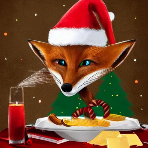 Image similar to A Detailed Award Winning Masterpiece, trending on artstation, 4k, of a fox wearing a santa hat, eating a cheese platter