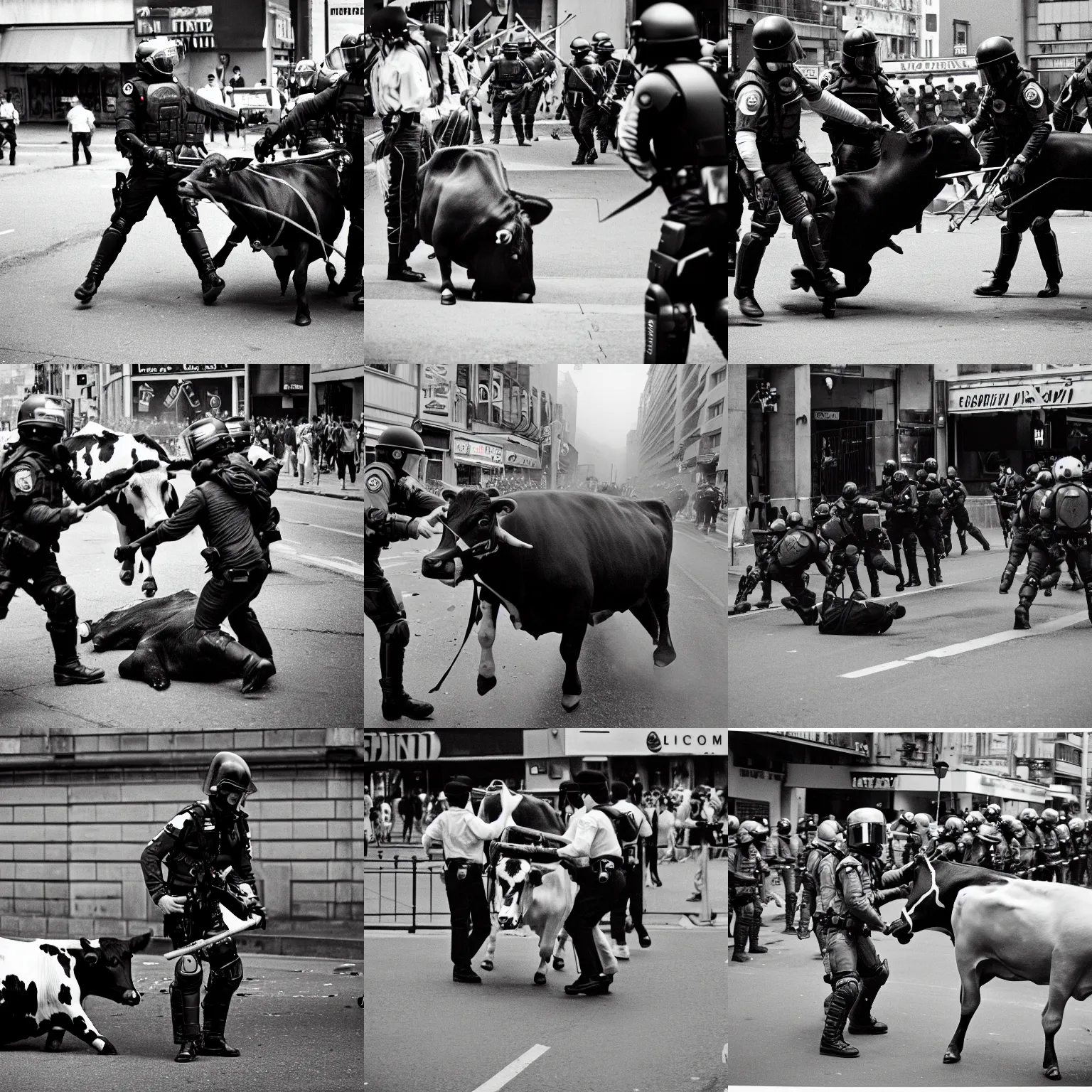 Prompt: riot police beating a cow, leica m 9, voigtlander 3 5 mm, 1 9 7 0 s