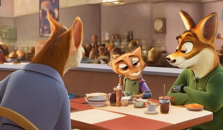 Image similar to A scene from Zootopia. Nick cries at the diner. Pixar Digital Movies