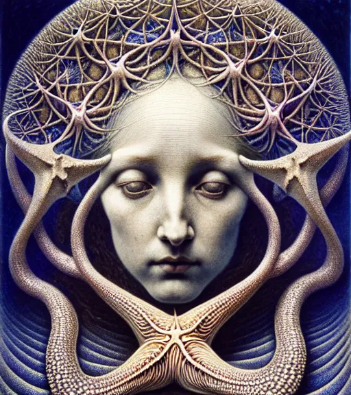 Image similar to detailed realistic beautiful starfish goddess face portrait by jean delville, gustave dore, iris van herpen and marco mazzoni, art forms of nature by ernst haeckel, art nouveau, symbolist, visionary, gothic, neo - gothic, pre - raphaelite, fractal lace, intricate alien botanicals, ai biodiversity, surreality, hyperdetailed ultrasharp octane render