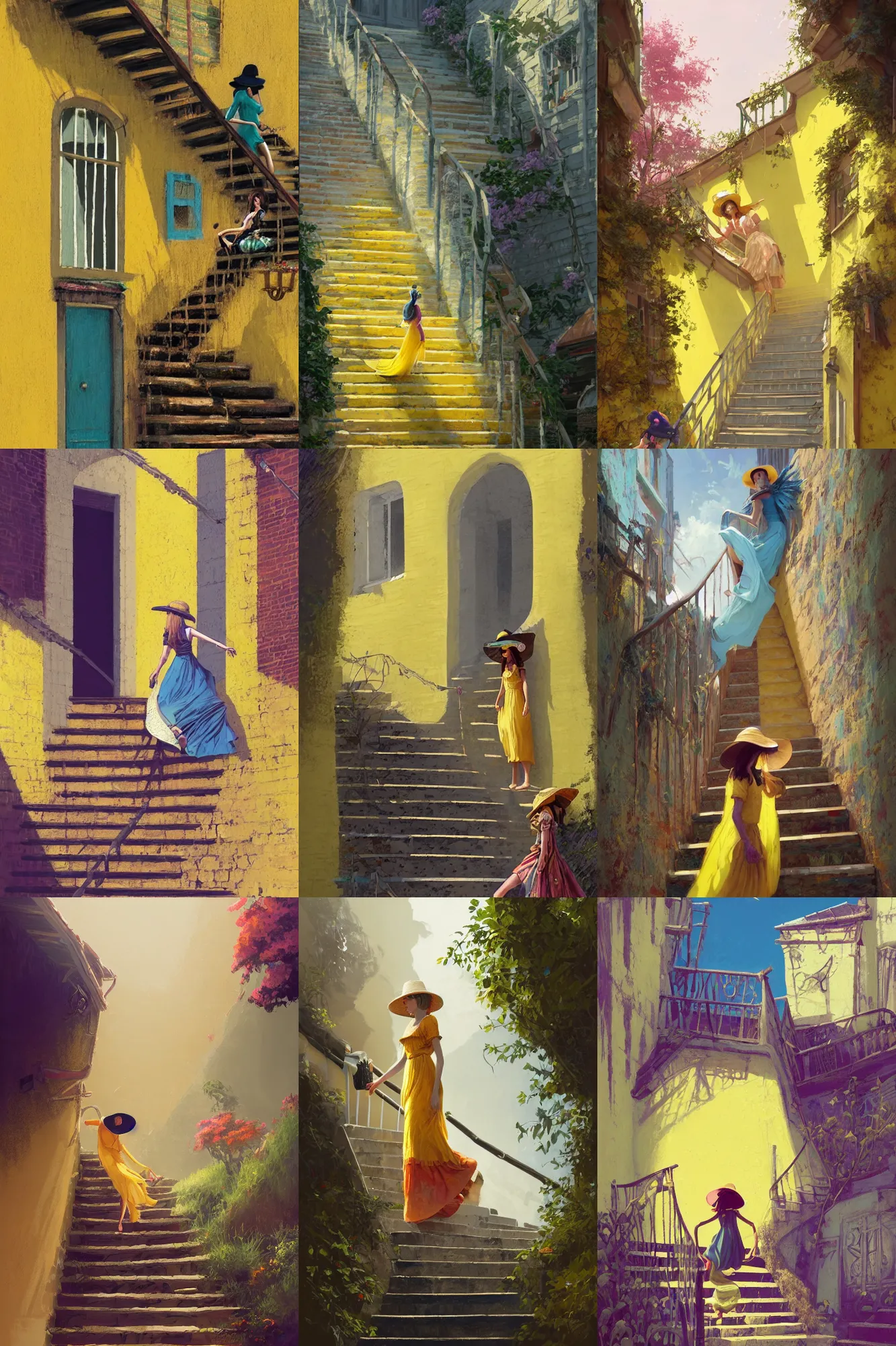 Prompt: a woman on the stairs, airy dress, hair in the wind, straw hat in hand, yellow walls, stairs up, narrow passage, railing on the wall, house windows, highly saturated colors, epic fantasy, Nicodemus Yang-Mattisson, greg rutkowski, Dan Mumford, Peter Mohrbacher, trending on artstation, concept art