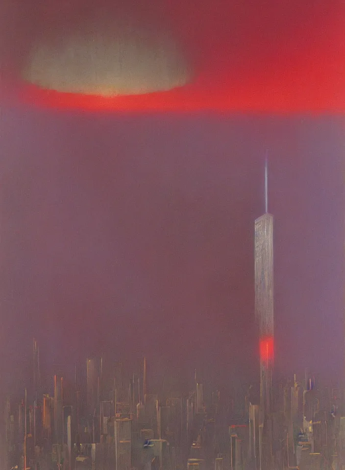 Image similar to 9 / 1 1 terror attack, red and purple palette, volume light, fog, by wayne thiebaud by ( h. r. giger ) and paul lehr