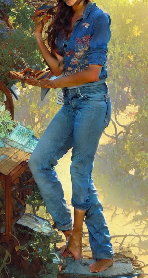 Image similar to close up a beautiful Indian doctor wearing jeans and a shirt in Texas in 2022, sun shining, photo realistic illustration by greg rutkowski, thomas kindkade, alphonse mucha, loish, norman rockwell.