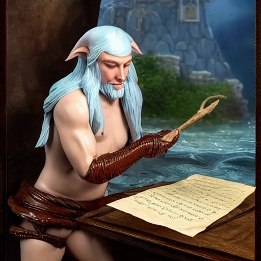 Prompt: a sea elf trying to get an commander, dripping with water, to sign a piece of parchment fantasy realism