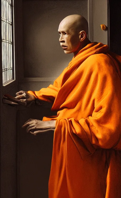 Image similar to portrait of a blind monk in a spaceship, looking out the window, orange robe, dramatic lighting, artstation, matte painting, johannes vermeer