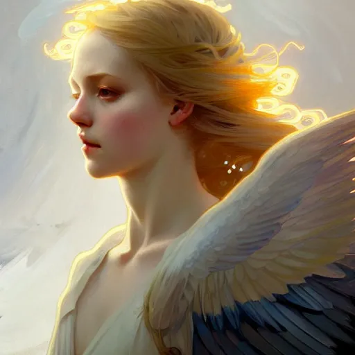 Image similar to An angelic girl with blonde hair, glowing halo, surrounded by crows, fantasy, intricate, elegant, highly detailed, digital painting, artstation, concept art, smooth, sharp focus, illustration, art by Krenz Cushart and Artem Demura and alphonse mucha