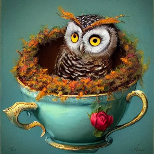 Prompt: long shot of a very cute owl chick nesting in a very romantique cup, by esao andrews, humorous illustration, hyperrealistic, big depth of field, warm colors, night scenery, low light, 3 d octane render, 4 k, conceptart, hyperdetailed, hyperrealistic, trending on artstation