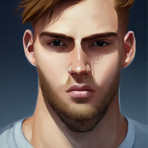 Image similar to tall chunky man in his twenties with brown blond short regular haircut and round facial structure with cleft chin, straight eyebrows, big alert eyes, slightly smiling, cheekbones, straight nose, wider face, shadow of beard, atmospheric lighting, painted, intricate, 4 k, highly detailed by charlie bowater