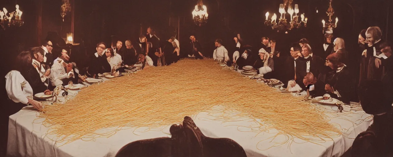 Image similar to a long banquet table covered in spaghetti, victorian era, ravenous guests, canon 5 0 mm, cinematic lighting, photography, retro, film, kodachrome, closeup