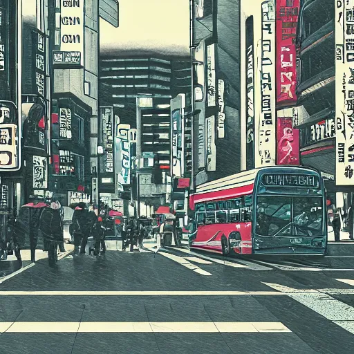 Prompt: bus on city street, woodcut, kuvshinov • chill • snatti89• guweiz • aenami • sylar113 • lofi • lofi • arsenixc• seerlight • anime scenery • anime rain • akihabara• asabinart • lofi wallpaper • japanese wallpaper, cheeryblossom