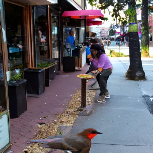 Prompt: bird stealing food from patrons at sidewalk cafe