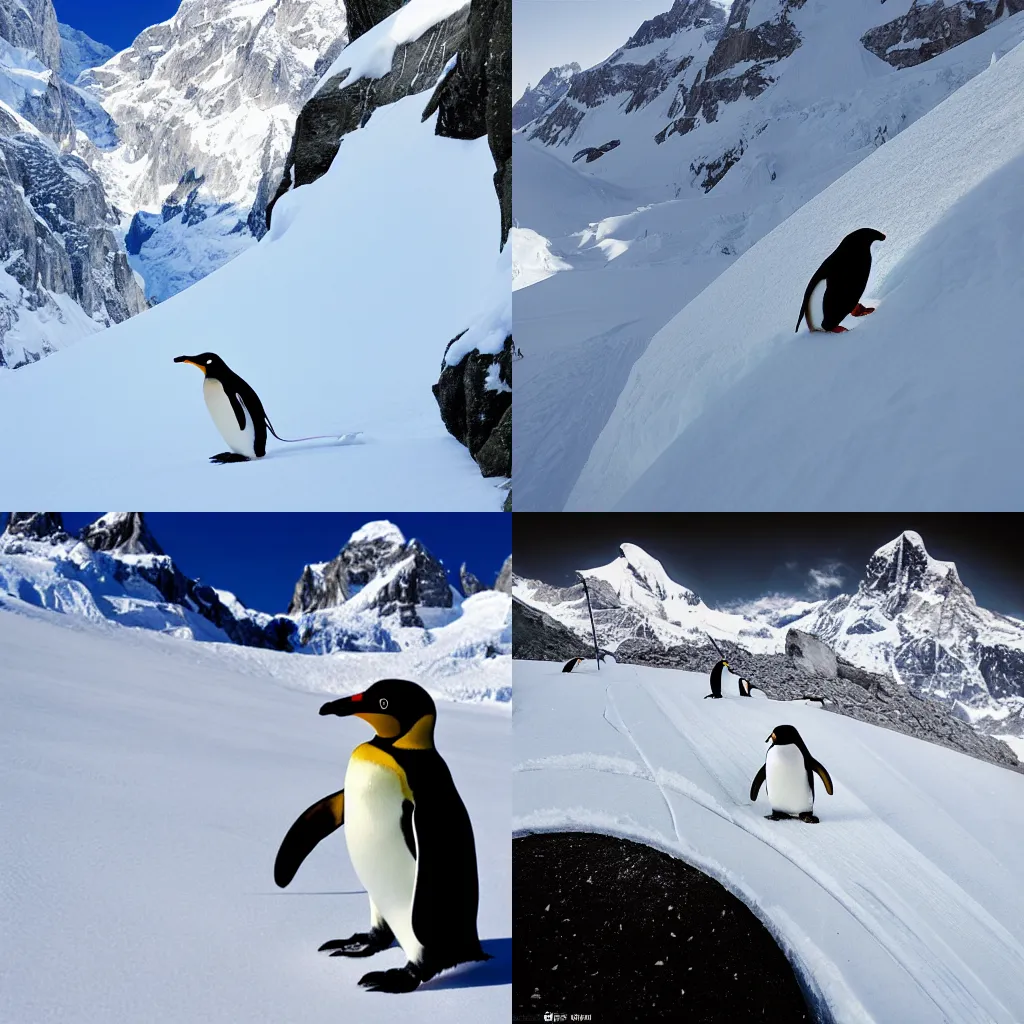 Prompt: A penguin skiing down the Vallee Blanche, Chamonix