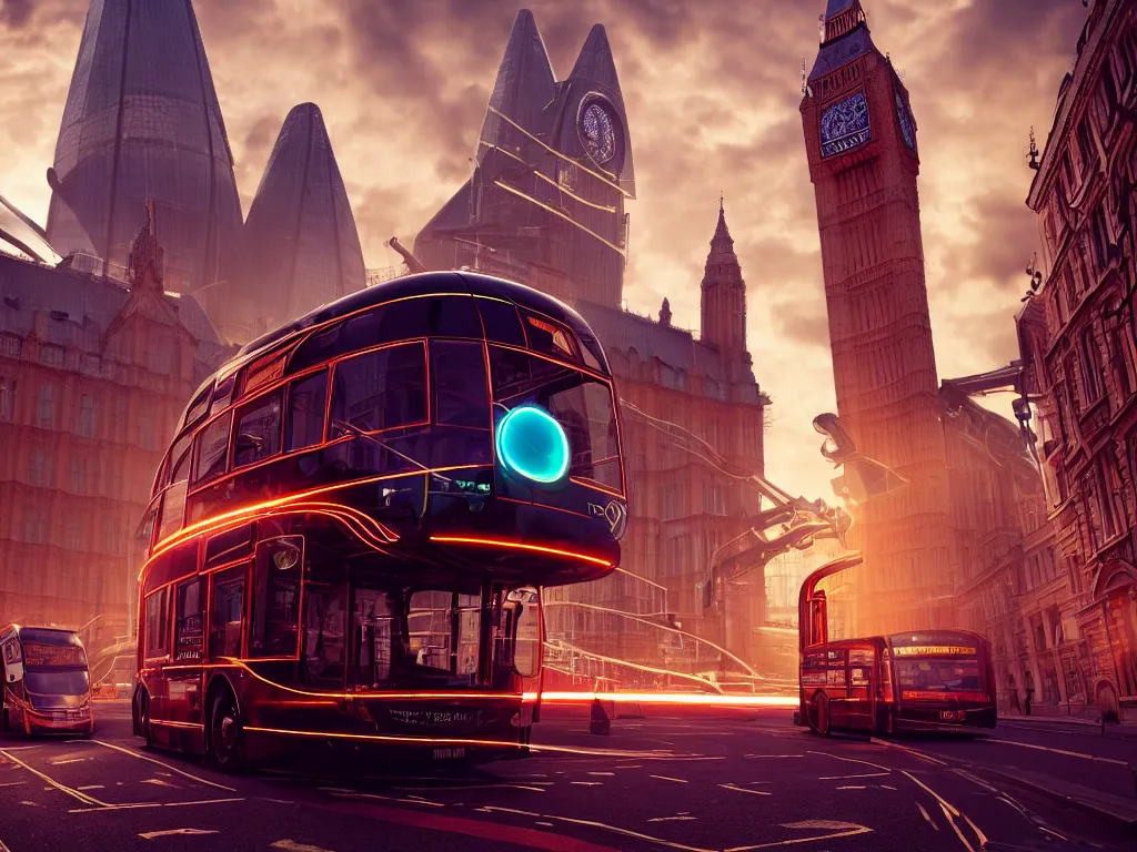 Image similar to an ancient beautiful cyborg with glowing eyes in the city of London, a cyborg with tentacles from it's head, part machine, westminster in background, london bus, colourful, dramatic lighting, golden hour, very detailed octane render very realistic beautiful