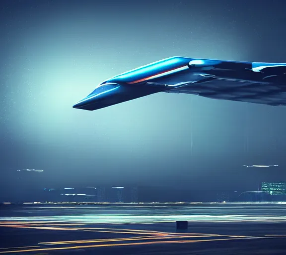 Image similar to futuristic sci fi jet plane lands at runway of cyberpunk airport,night photo ,dark cinematic lighting , digital concept art