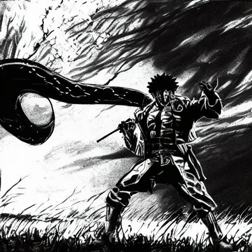 Image similar to snake from metal gear solid dressed as afro samurai, 35mm grainy film photography