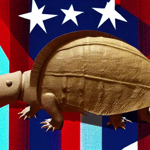 Image similar to armadillo patriot potus, modern art placed in a large living room, art designers magazine HD photo superrealism 3d 8k resolution