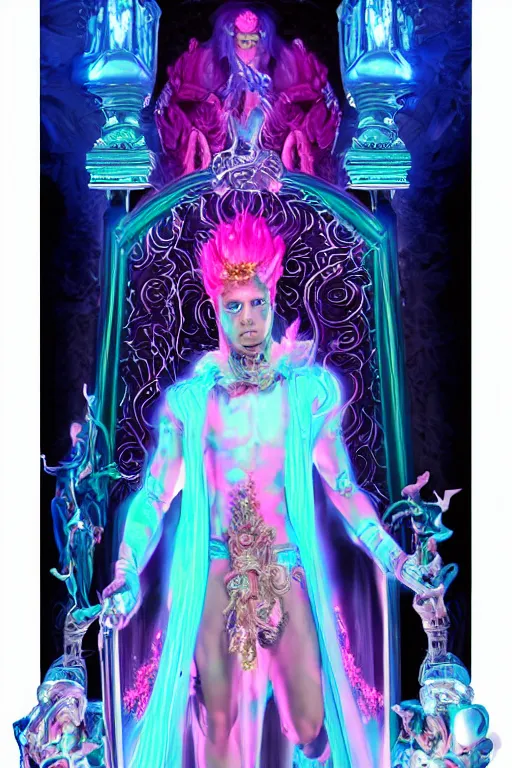 Image similar to full-body rococo and cyberpunk delicate neon crystalline sculpture of ((handsome muscular onyx albino prince Zayn Malik)) as an blue iridescent humanoid deity wearing ((peach plastic hooded cloak)) (holding a human skull) in a onyx castle dungeon, reclining, glowing pink face, crown of (pink lasers), large blue diamonds, swirling black silk fabric. futuristic elements. oozing glowing liquid, full-length view. space robots. intricate artwork by caravaggio. Trending on artstation, octane render, cinematic lighting from the right, hyper realism, octane render, 8k, depth of field, 3D