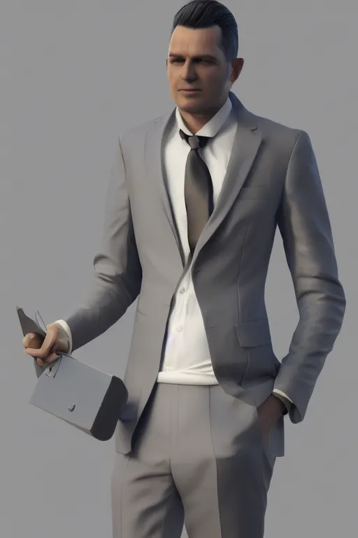 Image similar to full body 3 d render of a rich daddy, 3 2 years old, wear sliver suits, stubble, cramel hair, character concept art, octane render, trending by artstation, artbreeder