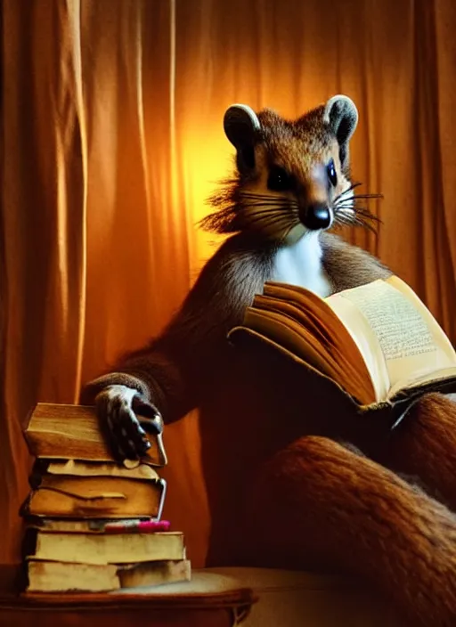 Image similar to A beautiful scene from a 2022 sci-fi film featuring a humanoid pine marten in loose clothing reading an ancient book on a couch. An anthropomorphic pine marten wearing a white shirt. Golden hour.