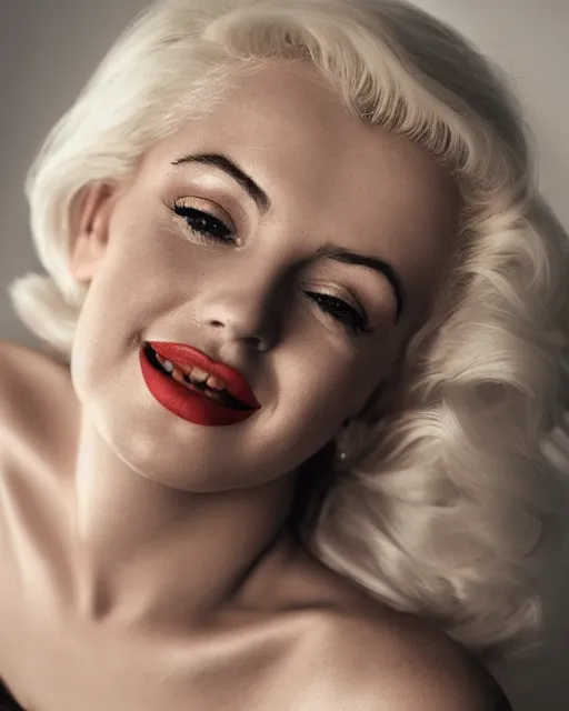 Image similar to Beautiful Head and shoulders portrait of smiling flirty seductive Marilyn monroe with platinum blonde hair, wearing a camisole by arney freytag, artstation, 35mm, fashion photoshoot, laying on a bed in a photo studio, golden hour, bokeh, rim lighting, fashion pose, octane, 4k