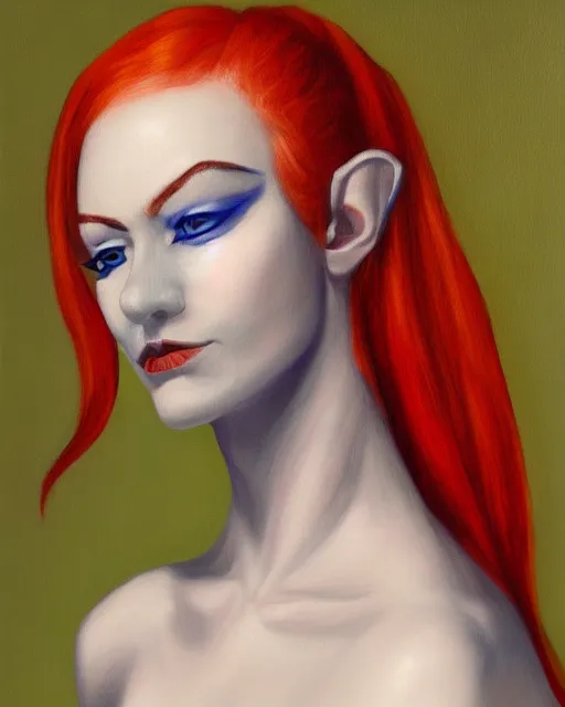 Prompt: A detailed matte oil on canvas head on symmetrical portrait of a distinguished elven woman with split red and blue hair