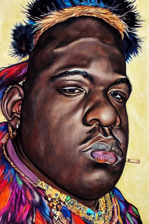 Image similar to a portrait of biggie smalls wearing boho - chic style clothes, with plumes, feathers and fur muffler, full body!!, realistic painting in egon schiele style, masterpiece, hyperdetailed, complex, intricate, 4 k, trending on artstation