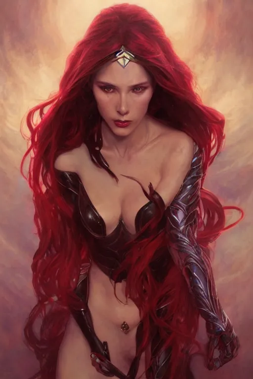 Prompt: portrait of Scarlet Witch, superhero, D&D, fantasy, highly detailed, beautiful face, realistic body structure, digital painting, artstation, smooth, sharp focus, illustration, art by artgerm and greg rutkowski and alphonse mucha