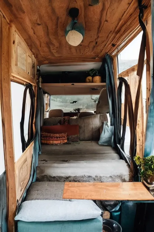 Image similar to conversion van interior, bohemian style, van life, light wood